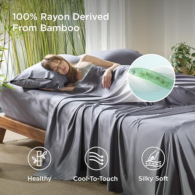 Bedsure Queen Sheet Set, Cooling Sheets for Queen Size Bed Set, Rayon Derived from Bamboo, Breathable & Soft, Deep Pocket Up to 16", Hotel Luxury Silky Bedding for Hot Sleepers, Dark Grey