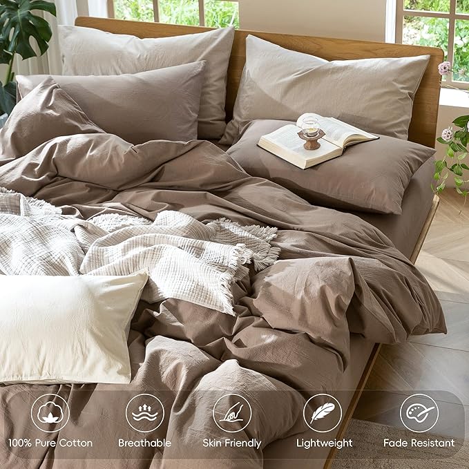 MooMee Bedding Duvet Cover Set 100% Washed Cotton Linen Like Textured Breathable Durable Soft Comfy (Solid Brown, Oversized Queen 98"x98")