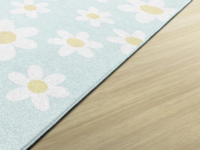 Flagship Carpets Schoolgirl Style White Daisies on Blue Educational Area Rug for Kids Room Seating Décor, Children's Classroom, Play Carpet for Teaching and Playroom, 5' x 7'6"
