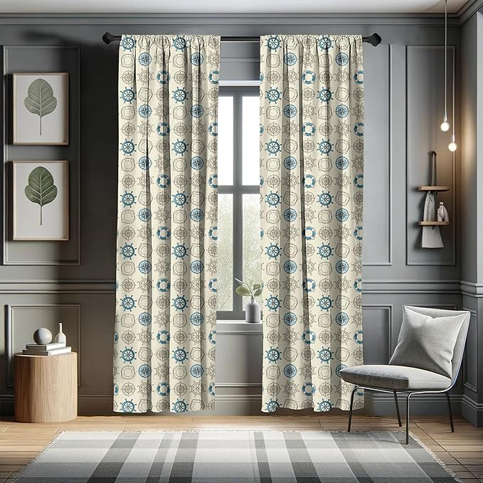 Ambesonne Compass Window Curtains, Marine Themed Doodle Art Vintage Inspirations Traveling Exploration Cruise Pattern, Lightweight Decor 2-Panel Set with Rod Pocket, Pair of - 28" x 84", Beige Teal