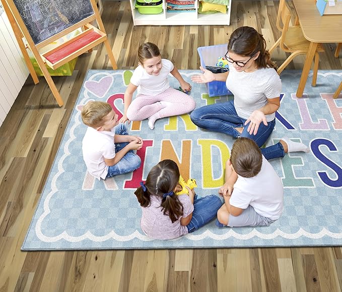 Flagship Carpets Schoolgirl Style Sprinkle Kindness Educational Area Rug for Kids Room Seating Décor, Children's Classroom, Play Carpet for Teaching and Playroom, 5' x 7'6", Blue