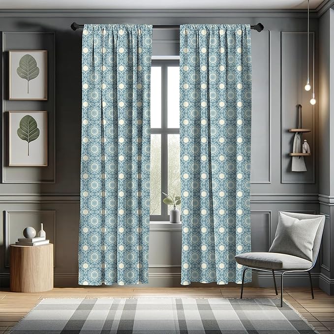 Ambesonne Circle Pattern Window Curtains, Wavy Bold Strokes Style Ornate Mandala Like Symmetrical Motif, Lightweight Decor 2-Panel Set with Rod Pocket, Pair of - 28" x 84", Petrol Blue Cream