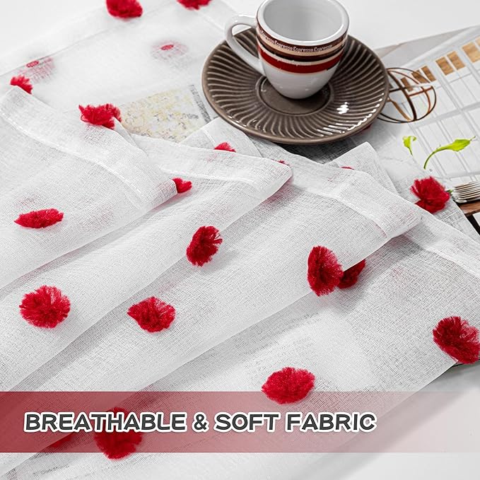 MYSKY HOME 95 Inch Long Christmas Curtains for Living Room Sliding Door Red Pom Pom White Shher Curtains for Bedroom Large Window Panels Dining Room Rod Pocket Privacy Protect 2 Sets 52" x 95"