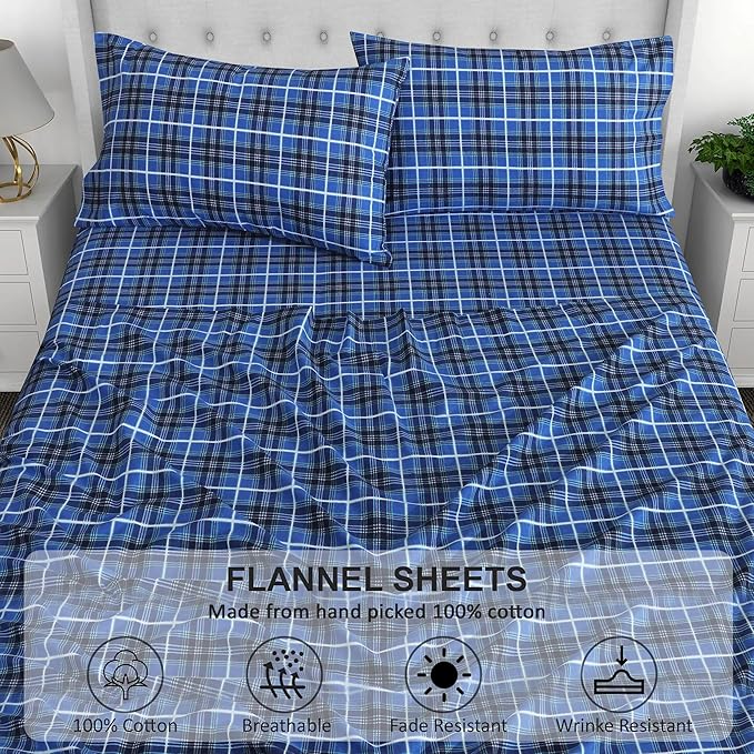 RUVANTI Flannel Sheets California King Size - 100% Cotton Brushed Cal King Bed Sheets Set - Deep Pockets 14 Inches - All Seasons Breathable & Extra Soft - Warm & Cozy, 4 Piece, Blue Plaid
