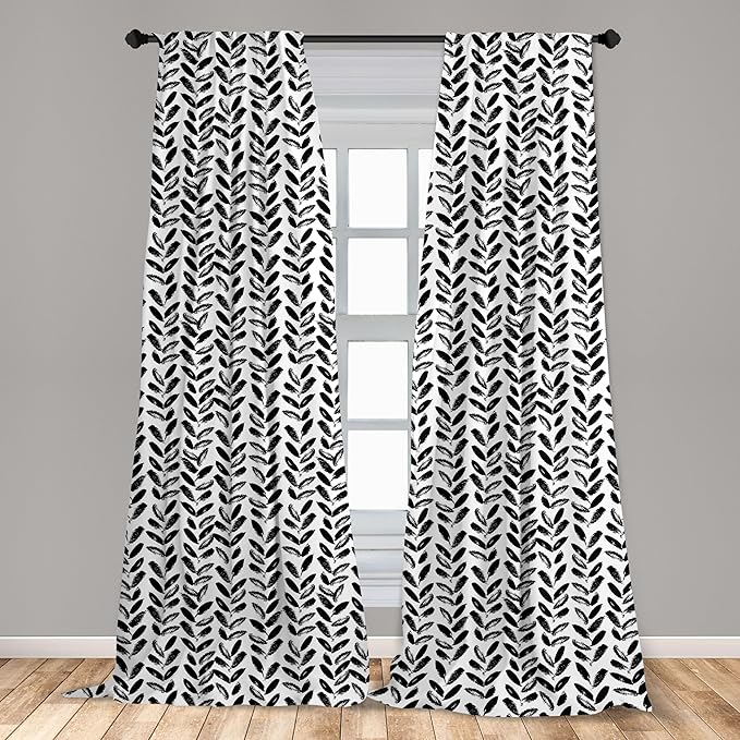 Ambesonne Black and White Window Curtains, Modern Grunge Botany Motif Monochrome Brush Paint Style Strokes, Lightweight Decor 2-Panel Set with Rod Pocket, Pair of - 28" x 63", White and Black