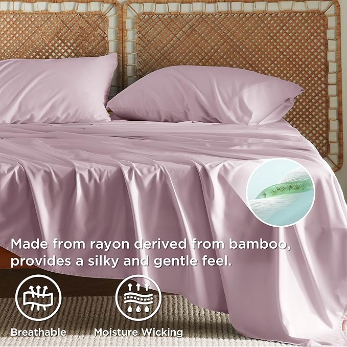Bedsure Queen Sheet Set, Rayon Derived from Bamboo, Cooling Sheets, Breathable & Soft, Deep Pocket Up to 16 Inches, Hotel Luxury Silky Bedding for Hot Sleepers, Lavender
