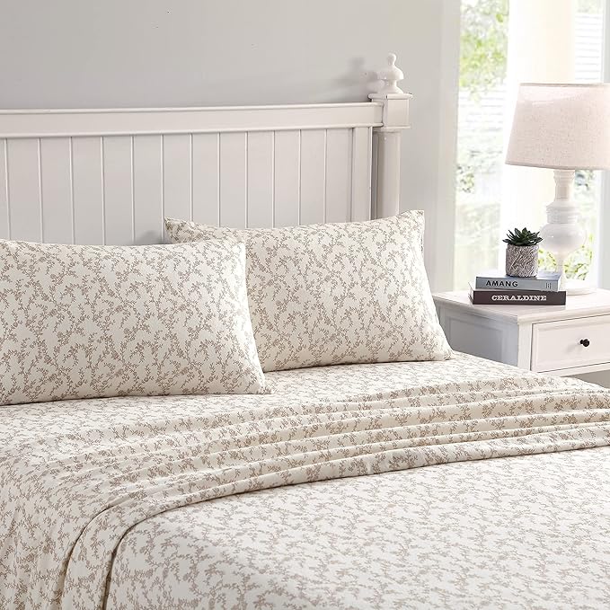 Laura Ashley - Flannel Sheets Full Size, Anti-Pilling & Wrinkle Resistant Cotton, Touchably Soft for All-Season Comfort - Bed Sheets with Matching Pillowcases & Fitted Sheet (Victoria Beige)