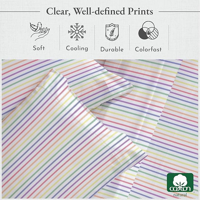 California Design Den Rainbow Striped King Size Sheets Set - Luxury 400 Thread Count Sateen, Natural 100% Cotton Sheets, Deep Pockets, Cooling and Durable Bedding Set - Rainbow Striped
