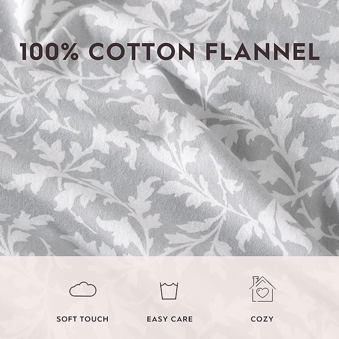 Laura Ashley - Flannel Sheets Twin Size, Anti-Pilling & Wrinkle Resistant Cotton, Touchably Soft for All-Season Comfort - Bed Sheets with Matching Pillowcase & Fitted Sheet (Crestwood Pastel Grey)