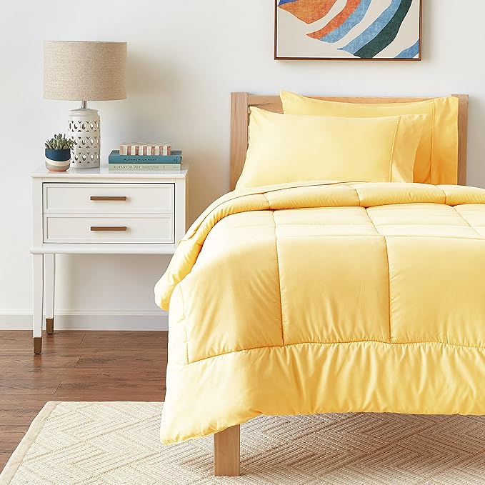 Sweet Home Collection 5 Piece Comforter Set Bag Solid Color All Season Soft Down Alternative Blanket & Luxurious Microfiber Bed Sheets, Yellow, Twin