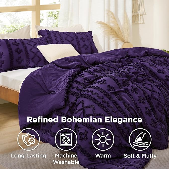 Bedsure Tufted Boho Comforter Set King Size - Purple Boho Bed Set, GentleSoft™ 3 Pieces Farmhouse Shabby Chic Embroidery Bedding, Gifts for Woman, Soft Jacquard King Comforter for All Seasons