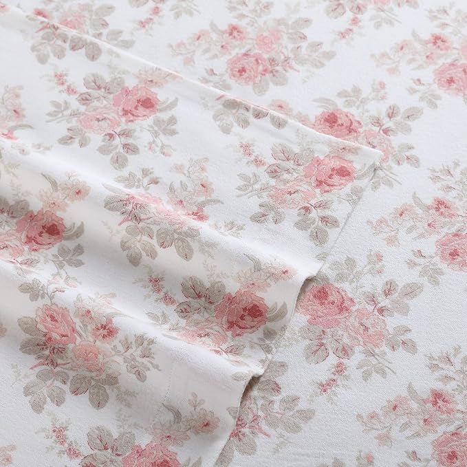 Laura Ashley - Flannel Sheets Full Size, Anti-Pilling & Wrinkle Resistant Cotton, Touchably Soft for All-Season Comfort - Bed Sheets with Matching Pillowcases & Fitted Sheet (Lisalee Pink)