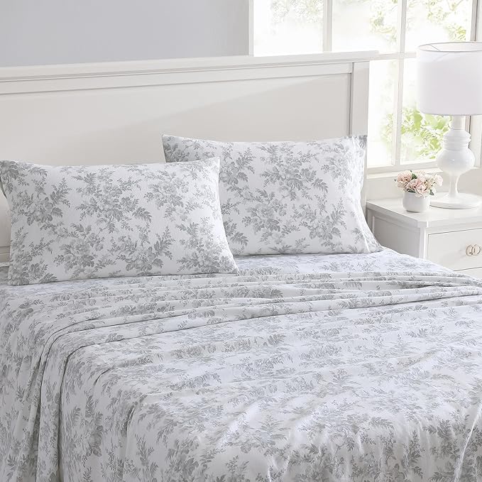 Laura Ashley - Flannel Sheets Full Size, Anti-Pilling & Wrinkle Resistant Cotton, Touchably Soft for All-Season Comfort - Bed Sheets with Matching Pillowcases & Fitted Sheet (Vanessa Grey)