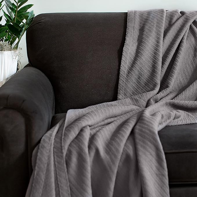 COTTON CRAFT Soft Cotton Thermal Blanket - Plush Herringbone Twill - All Season Luxurious Breathable Skin Friendly Lightweight Cooling Throw Blanket - Sofa Couch Travel Camping Dorm - Full Queen Grey