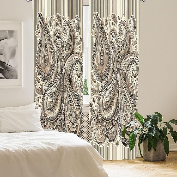 Ambesonne Paisley Curtains, Delicate Bohemian Leafy Motives on Stripes in Neutral Muted Colors, Window Treatments 2 Panel Set for Living Room Bedroom, Pair of - 28" x 63", Warm Taupe Ivory and Sepia