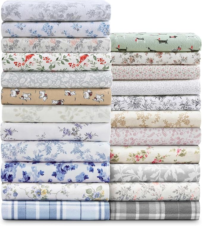 Laura Ashley - Flannel Sheets Full Size, Anti-Pilling & Wrinkle Resistant Cotton, Touchably Soft for All-Season Comfort - Bed Sheets with Matching Pillowcases & Fitted Sheet (Jolly Cardinals Green)