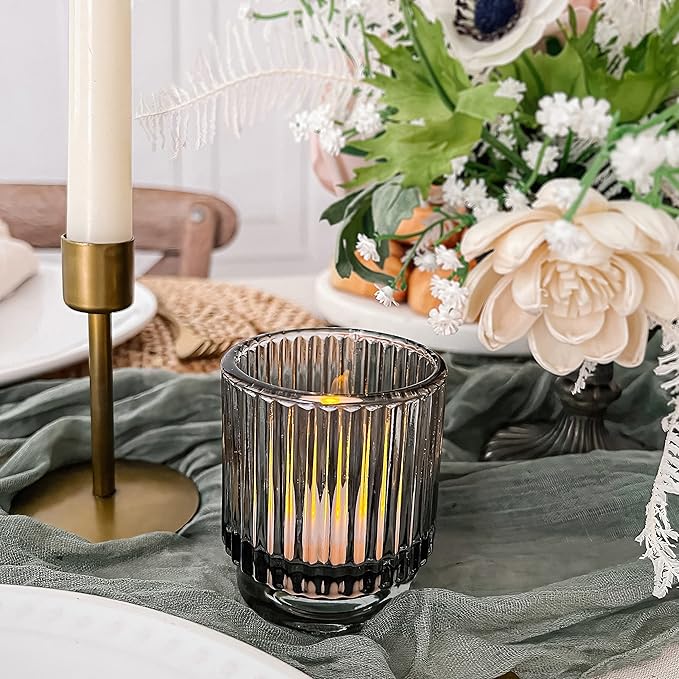 Kate Aspen Ribbed Glass Candle Holder Smoke Gray Tealight Holders for Home, Kitchen, Room or Living Room Decor - Vintage Tea Light Votive Accent for Table or Shelf Styling (Pack of 36)