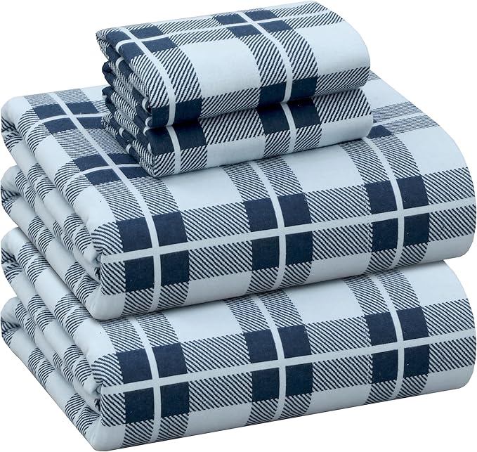 RUVANTI Flannel Sheets King Size - 100% Cotton Brushed King Size Sheets Set - Deep Pockets 16 Inches Bed Sheets - All Seasons Breathable & Extra Soft - Warm & Cozy, 4 Piece, Illusion Check