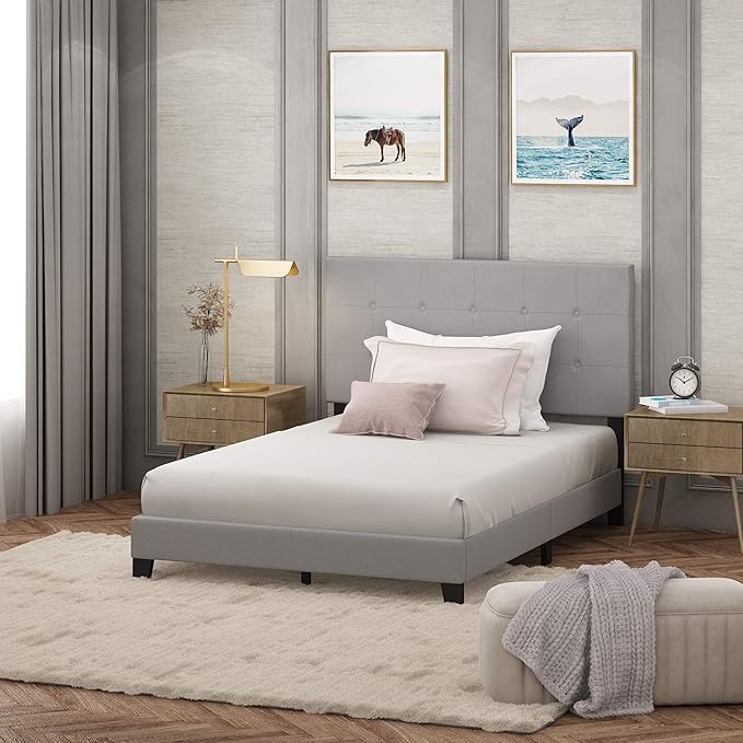 Furinno Laval Button Tufted Upholstered Platform Bed Frame, Full, Glacier