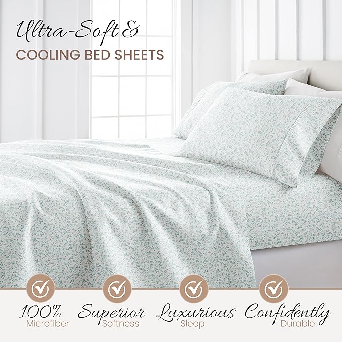 Linen Market 4 Piece King Sheet Set - Breathable, Double-Brushed Patterned Cooling Sheets – Oeko-TEX Certified Ultra Soft & Wrinkle-Free 16" Deep-Pocket King Sheets - Easy Care Burst of Vines Blue