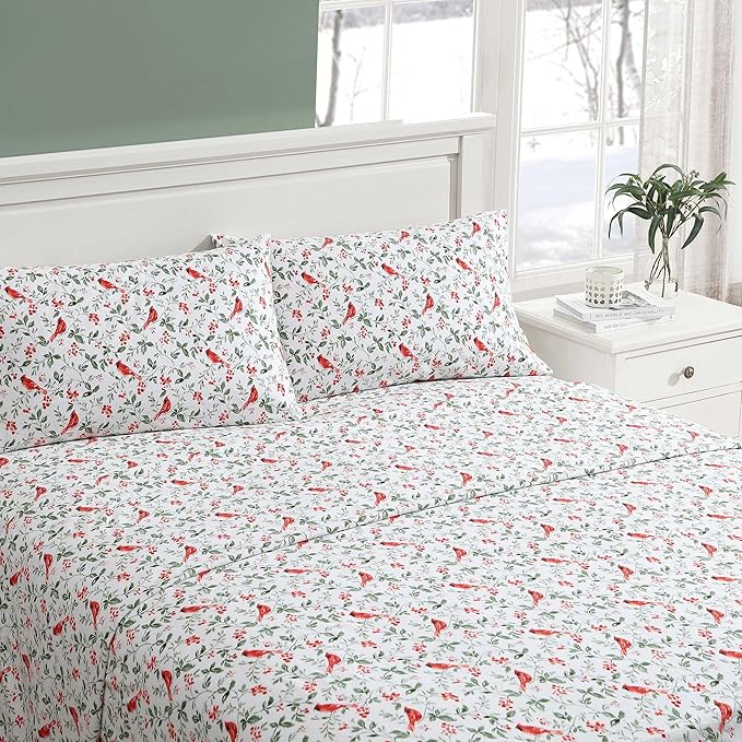 Laura Ashley - Flannel Sheets Full Size, Anti-Pilling & Wrinkle Resistant Cotton, Touchably Soft for All-Season Comfort - Bed Sheets with Matching Pillowcases & Fitted Sheet (Jolly Cardinals Green)
