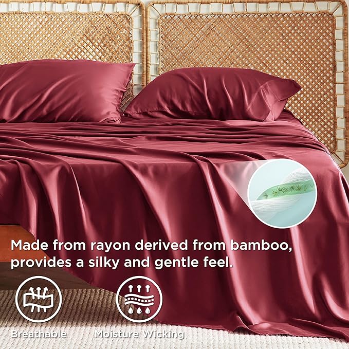 Bedsure Full Size Bed Sheets, Cooling Sheets, Rayon Derived from Bamboo, Breathable & Soft, Deep Pocket Up to 16 Inches, Hotel Luxury Silky Bedding for Hot Sleepers, Burgundy
