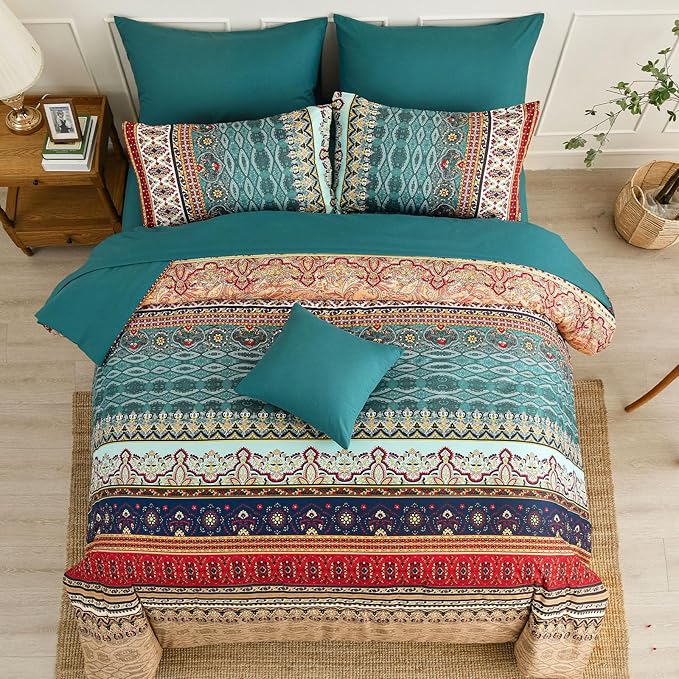 Boho King Size Comforter Set 8 Pieces,Green and Brown Bohemian Striped Bed in a Bag,Floral Soft Microfiber Bedding Comforter Set