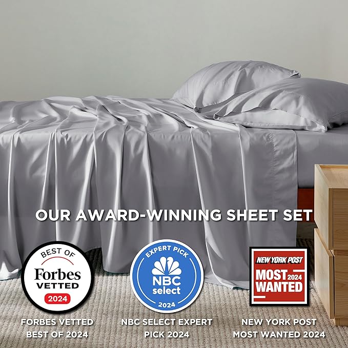 Bedsure Queen Sheets, Rayon Derived from Bamboo, Queen Cooling Sheet Set, Deep Pocket Up to 16", Breathable & Soft Bed Sheets, Hotel Luxury Silky Bedding Sheets & Pillowcases, Silver Grey
