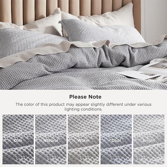 Bedsure Cotton Duvet Cover Set - 100% Cotton Waffle Weave Grey Duvet Cover Oversized King Size, GentleSoft™ and Breathable Bedding Set for All Season, 3 Pieces, 120"x98"