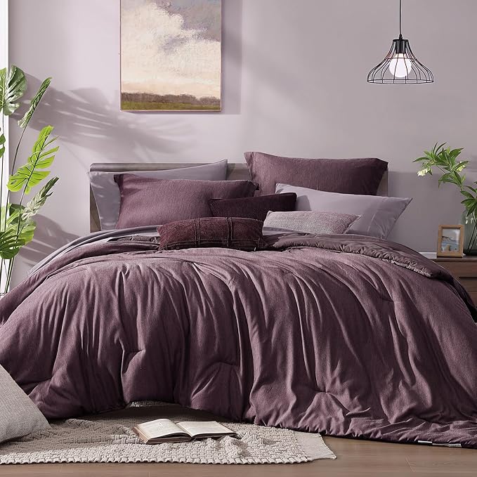 Monbix Twin XL Comforter Set Italian Plum, Cationic Dyeing Bedding Set Reversible 5 Pieces, All Season Bed in a Bag with Comforter, Sheets, Pillowcase & Sham