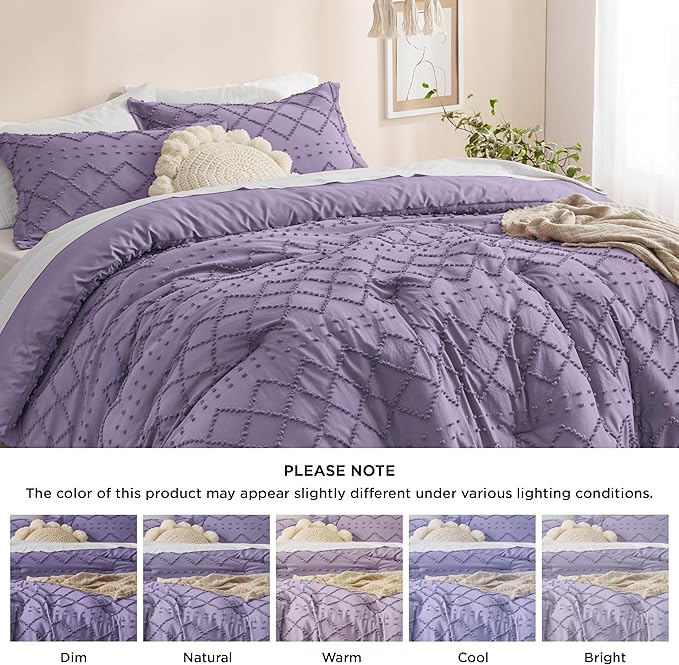 Bedsure Full Comforter Set - Grayish Purple Comforter, Boho Tufted Shabby Chic Bedding for Kids, 3 Pieces Vintage Farmhouse Bed Set for All Seasons, Fluffy Soft Bedding with 2 Pillow Shams