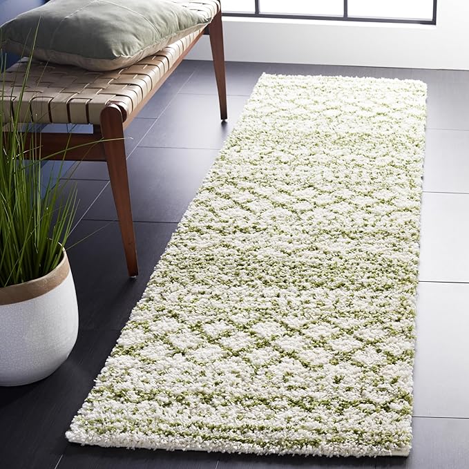 SAFAVIEH Arizona Shag Collection Area Rug - 2'3" x 12' Runner, Ivory & Green, Non-Shedding & Easy Cleaning, Plush Thick Pile, Ideal for Living Room, Bedroom, Dining Space (ASG741Y)