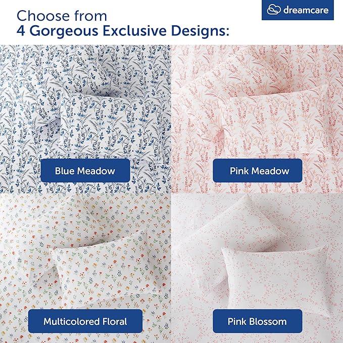 DREAMCARE Queen Size Sheets - Floral Sheets Queen Size Bed Set - 4pcs Queen Sheet Set - Cooling Bed Sheets - Queen Size Sheet Sets - Soft & Long Lasting 100% Brushed Floral Bed Set - Floral Blue