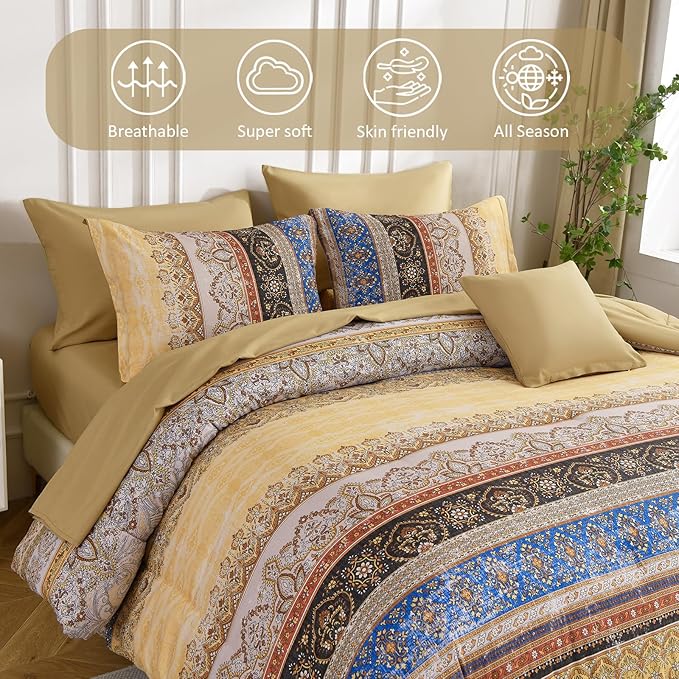 Boho Queen Comforter Set 8 Pieces, Yellow Bohemian Striped Bed in a Bag, Paisley Soft Microfiber Bedding Comforter Set