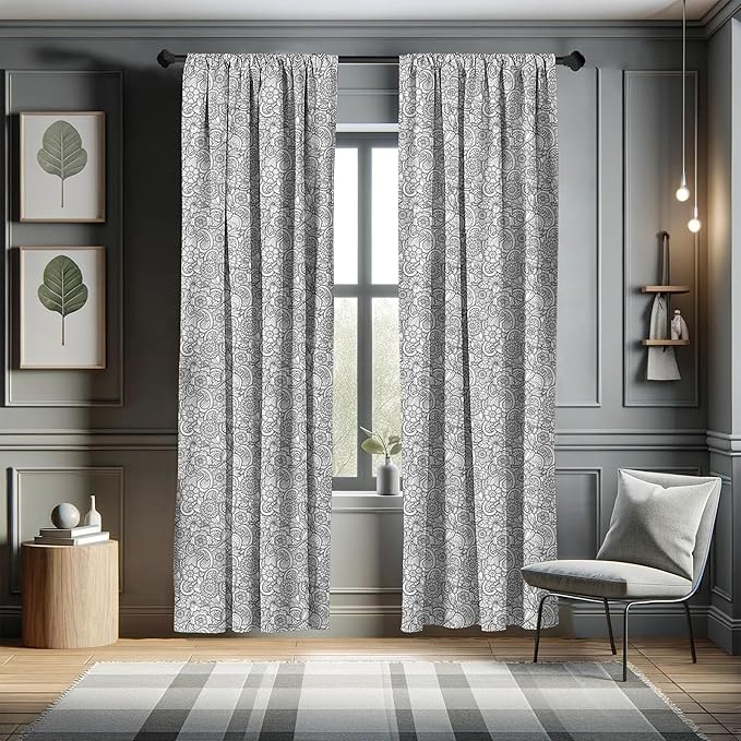 Ambesonne Black and White Window Curtains, Paisley Design with Sketch Style Flowers Leaves on Monochrome Background, Decor 2-Panel Set with Rod Pocket, Pair of - 28" x 63", White and Charcoal