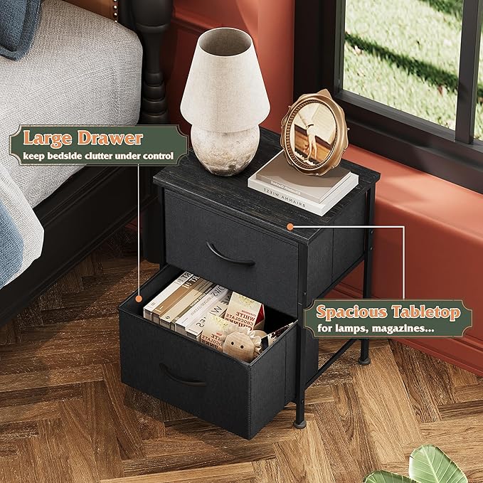 WLIVE Black Nightstand, Small Dresser for Bedroom with 2 Fabric Drawer, Bed Side Table with Drawers, End Table Bedside Furniture, Sturdy Steel Frame, Wood Top, Closet Organizer, College Dorm