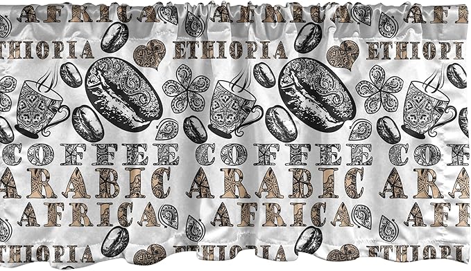 Ambesonne Modern Window Valance, Coffee Beans with Ornamental Words Ethiopians Pattern, Curtain Valance for Kitchen Bedroom Decor with Rod Pocket, 54" X 18", Sand Brown Black
