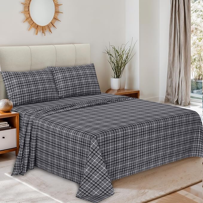 RUVANTI Flannel Sheets King Size - 100% Cotton Brushed King Size Sheets Set - Deep Pockets 16 Inches Bed Sheets - All Seasons Breathable & Extra Soft - Warm & Cozy, 4 Piece, Grey Plaid