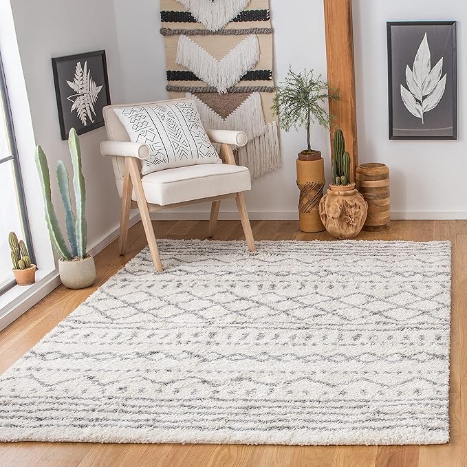 SAFAVIEH Arizona Shag Collection Area Rug - 5'1" Square, Ivory & Grey, Moroccan Design, Non-Shedding, 1.6-inch Thick, Ideal for High Traffic Areas in Living Room, Bedroom (ASG741F-5SQ)