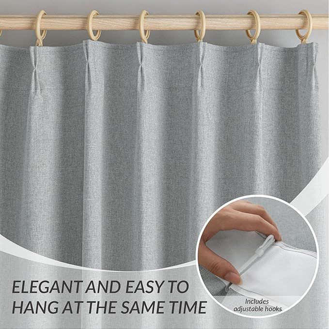 KangBang 100% Blackout Pinch Pleated Curtains 108 Inches Long, Linen Blend Pinch Pleated Window Drapes with Hooks, Track System Curtain Panels for Sliding Door Modern Farmhouse,60x108, Fog Grey,2 PCs