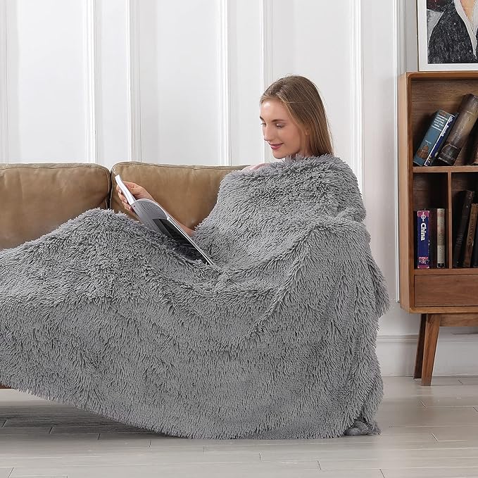 Tuddrom Decorative Extra Soft Faux Fur Throw Blanket 70" x 78",Solid Fuzzy Reversible Fluffy Cozy Plush Mink Fleece Comfy Microfiber Blanket for Couch Sofa Bed, Grey