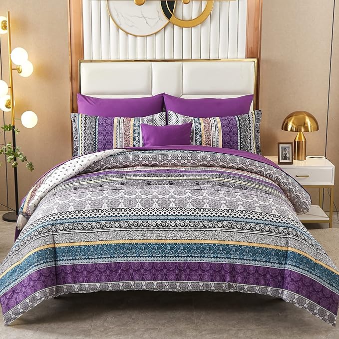 Cottolester Boho Comforter Set King Size 8 Piece Bed in a Bag Bohemian Striped Bedding Quilt Set Purple Paisley Floral Comforter and Sheet Set,Soft Microfiber Complete Bedding Sets for All Season