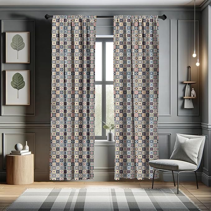 Ambesonne Moroccan Window Curtains, Portuguese Azulejo Checkered Squares Colorful Pattern Floral Arrangement, Lightweight Decor 2-Panel Set with Rod Pocket, Pair of - 28" x 84", Dark Blue Amber Red