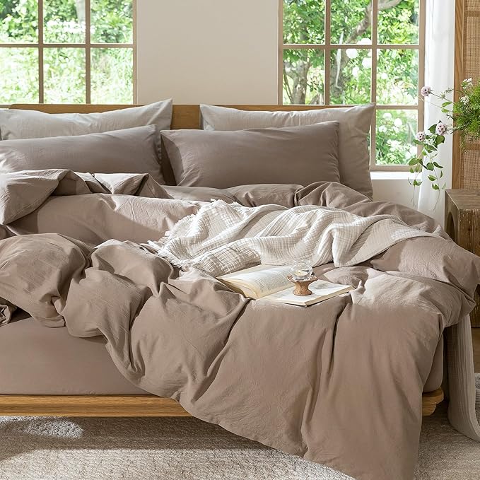 MooMee Bedding Duvet Cover Set 100% Washed Cotton Linen Like Textured Breathable Durable Soft Comfy (Solid Brown, King 104"x90")
