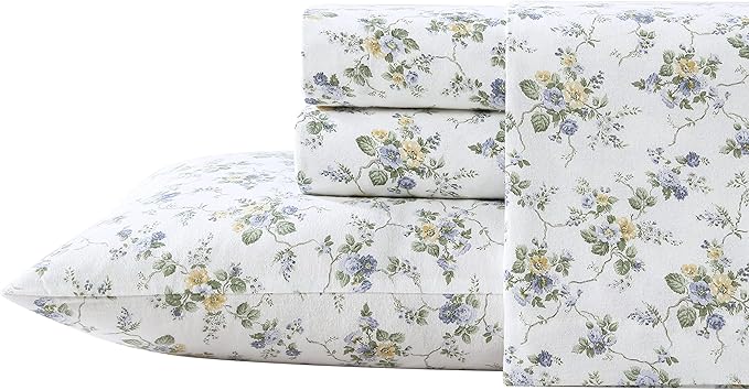 Laura Ashley - Flannel Sheets Full Size, Anti-Pilling & Wrinkle Resistant Cotton, Touchably Soft for All-Season Comfort - Bed Sheets with Matching Pillowcases & Fitted Sheet (Le Fleur Cottage Blue)