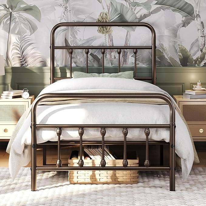 Yaheetech Classic Metal Platform Bed Frame Mattress Foundation with Victorian Style Iron-Art Headboard/Footboard/Under Bed Storage/No Box Spring Needed/Twin Size Bronze