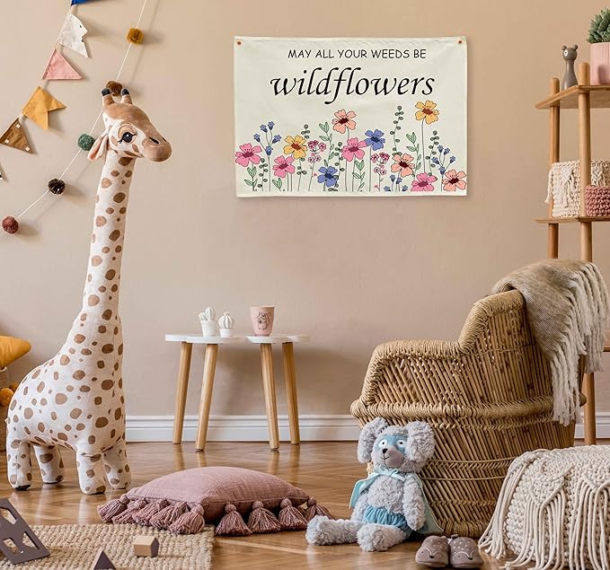 Nursery Rectangular Canvas Banner-Flag Wall Sign for Kids Toddler Boy Girl-Baby Room Above Crib Bedroom Dorm Wall Decor-Baby Shower Birthday Christmas Gift-May All Your Weeds Be Wildflowers