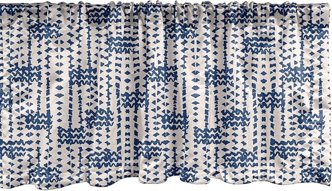 Ambesonne Ethnic Window Valance Pack of 2, Messy Waves and Small Triangles Indonesian Traditional Pattern Watercolors, Rod Pocket Curtain Valances for Kitchen Bedroom, 54" X 18", Navy Blue and Cream