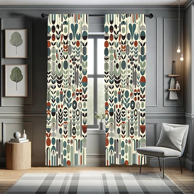 Ambesonne Leafy Art Curtains, Scandinavian Leaves Pattern with Geometric Roundy Modern Boho Print, Window Treatments 2 Panel Set for Living Room Bedroom, Pair of - 28" x 63", Pale Green Redwood Teal