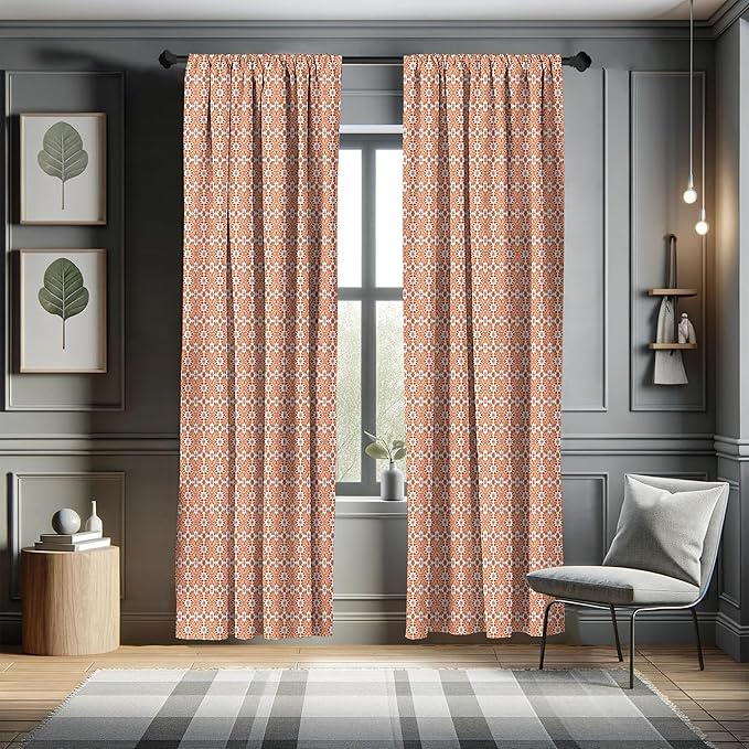 Ambesonne Scandinavian Window Curtains, Flower Like Motifs Folk Art in Tangerine Tones, Lightweight Decorative Panels Set of 2 with Rod Pocket, 56" x 95", Sienna Sky